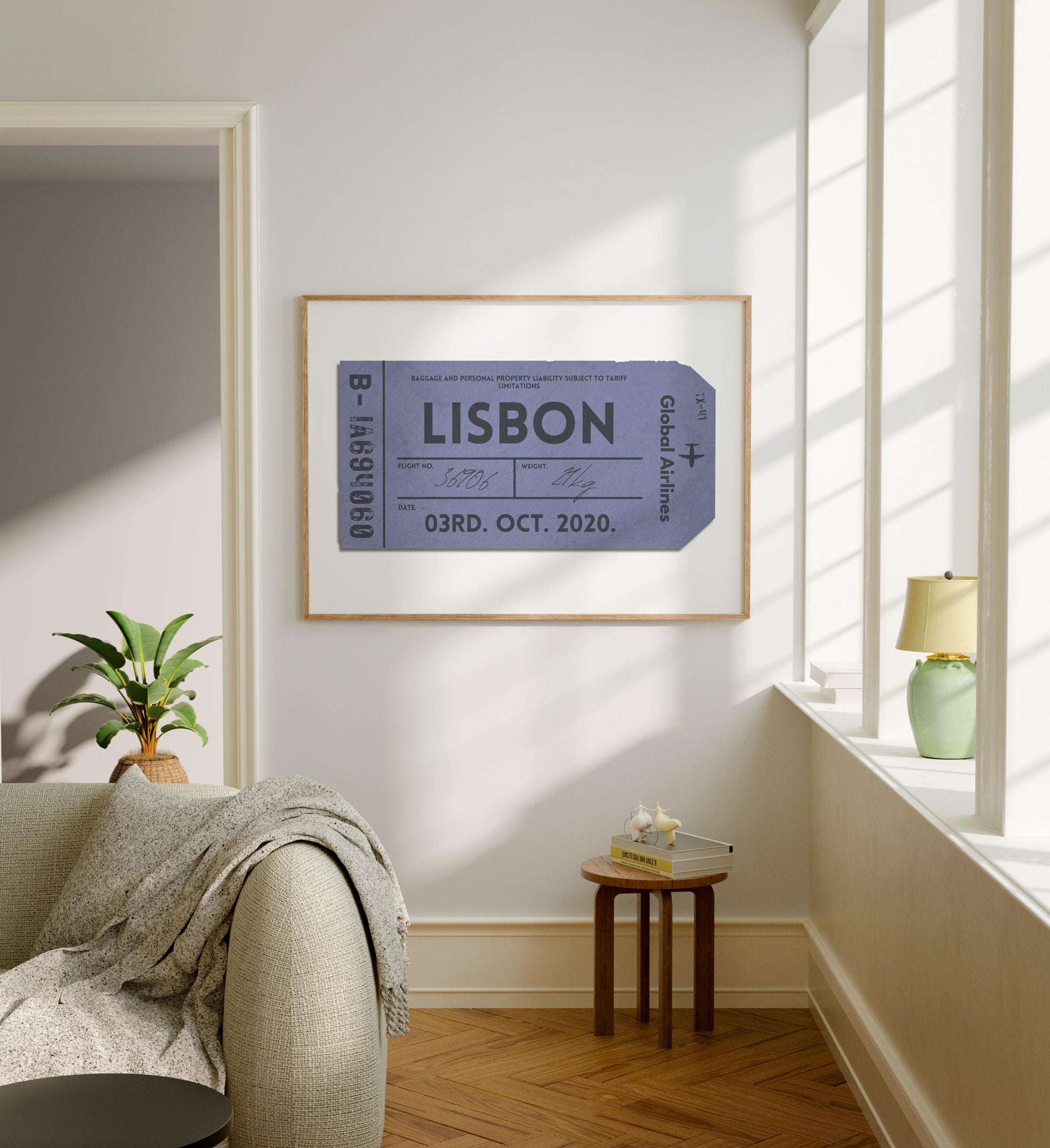 A modern family home with grey furniture and white walls. The art is an eclectic vintage style illustration of a luggage tag featuring your favourite destination, city or special holiday place.