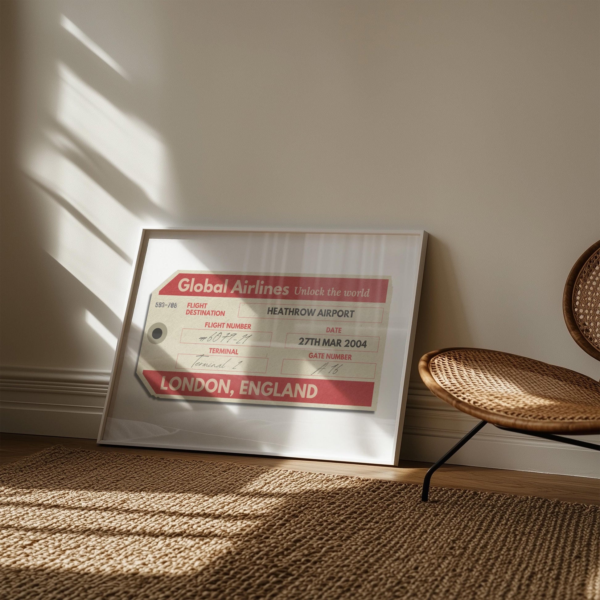 A cosy bedroom with rattan rug and chair with art leaning on the wall. The art is a personalised keepsake of a luggage tag with custom details on it