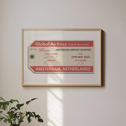 A minimalist home with a large landscape gallery wall piece hung up. The art has vintage details inspired by a retro luggage tag