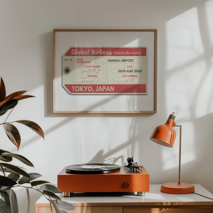 A home living room with a record player and orange lamp. On the wall is a keepsake style flight tag with a retro red colour old tag