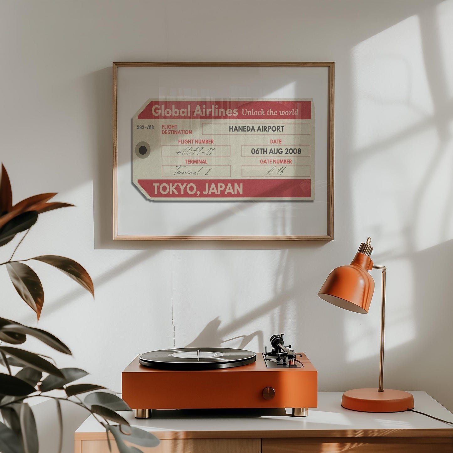 A home living room with a record player and orange lamp. On the wall is a keepsake style flight tag with a retro red colour old tag