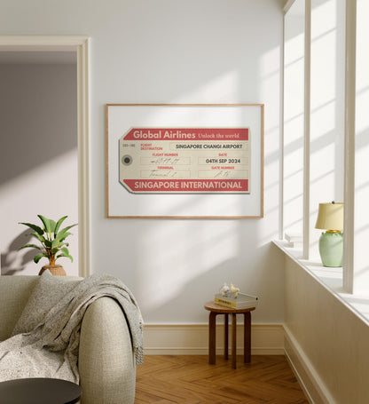 A modern family home with grey furniture and white walls. The art is an eclectic vintage style illustration of a luggage tag featuring your favourite destination, city or special holiday place.