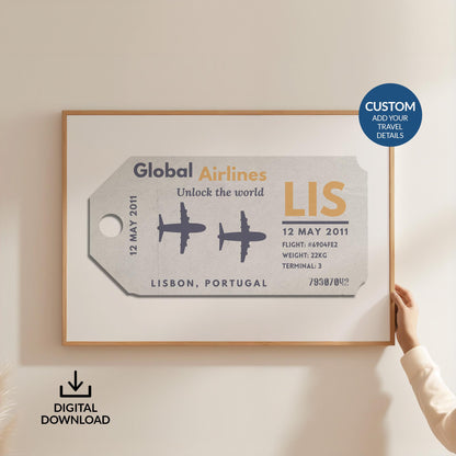Someone in a white shirt holding up a poster is in a wood frame showing an old luggage tag design in beige which has been made bespoke with personalised text.