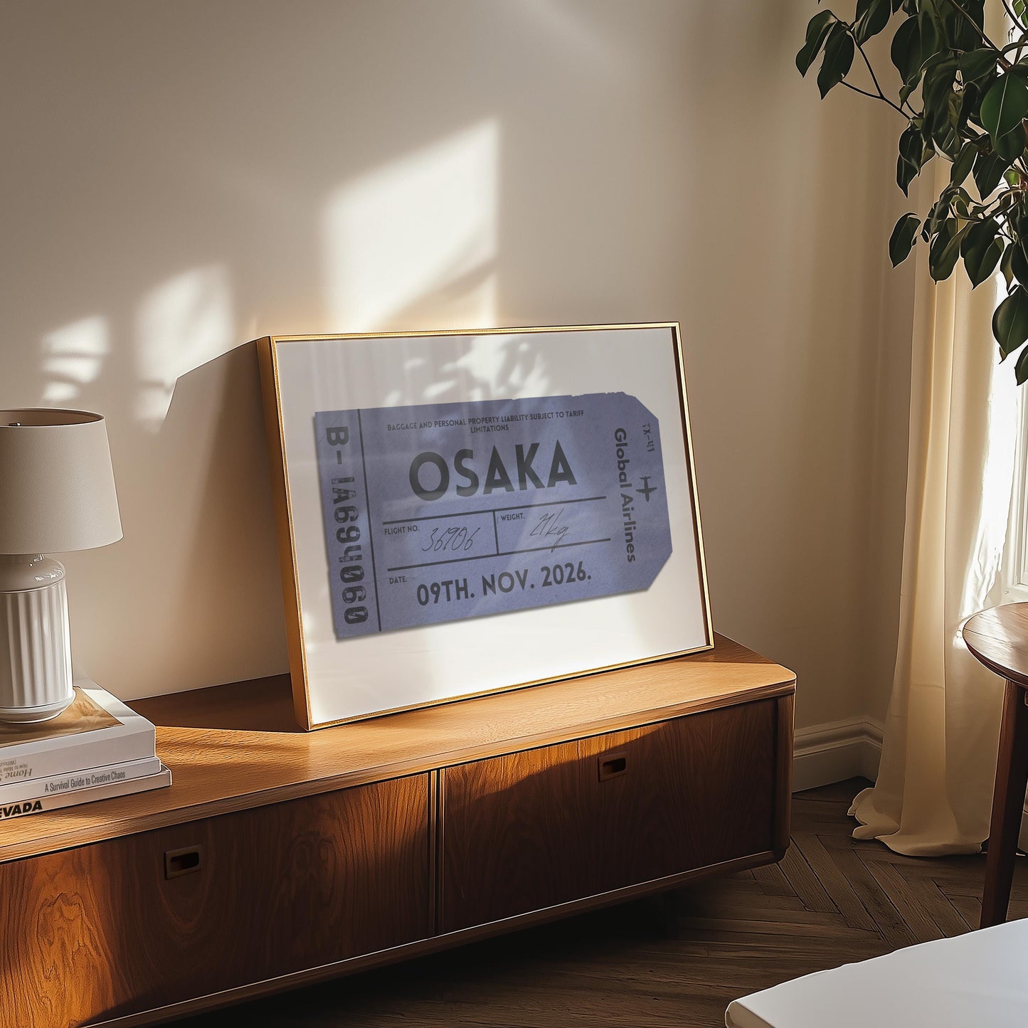 A mid century modern bedroom with a print in a wood frame on a wooden unit. The art is bespoke and perfect for a honeymoon, anniversary or housewarming gift for travel lovers.