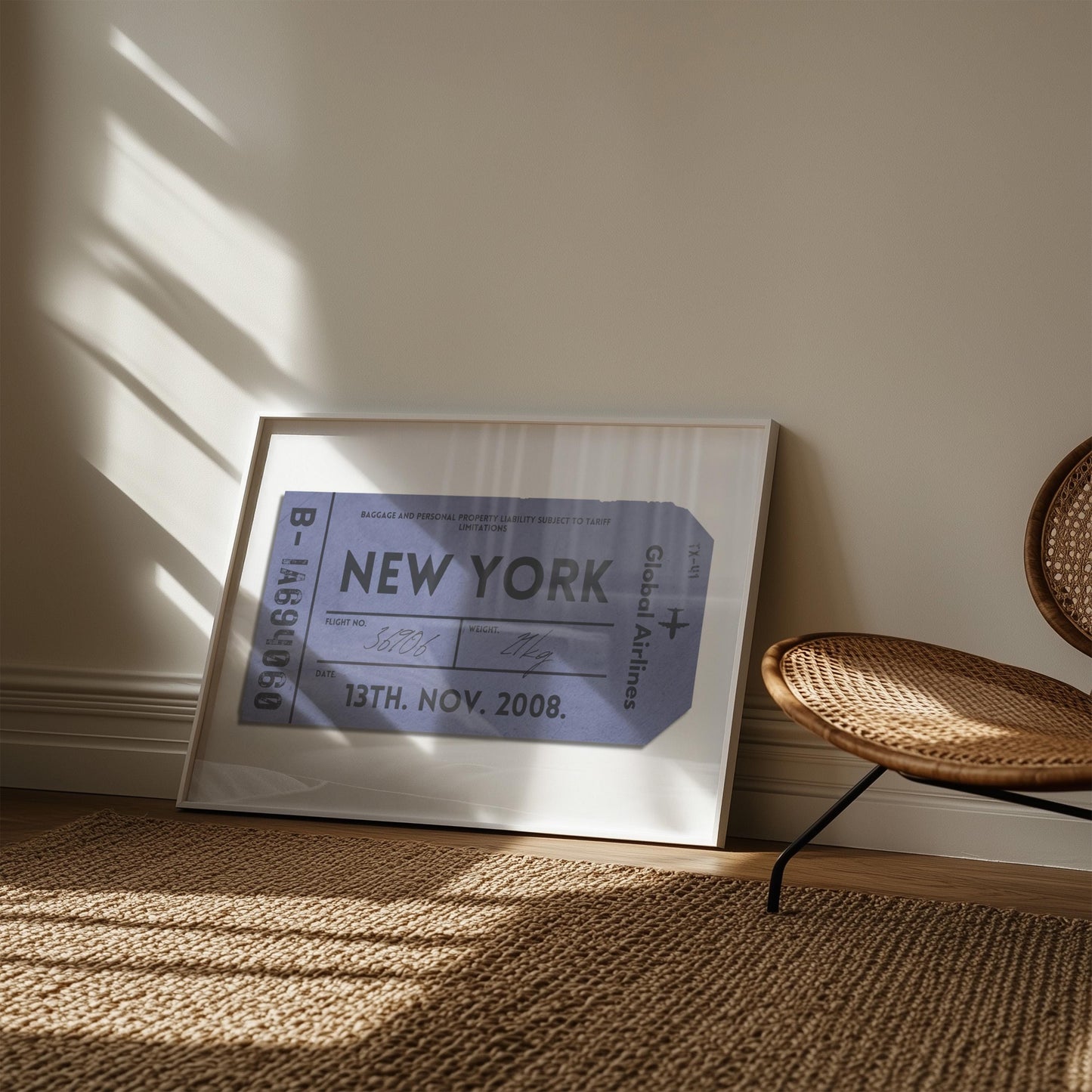 A cosy bedroom with rattan rug and chair with art leaning on the wall. The art is a personalised keepsake of a luggage tag with custom details on it
