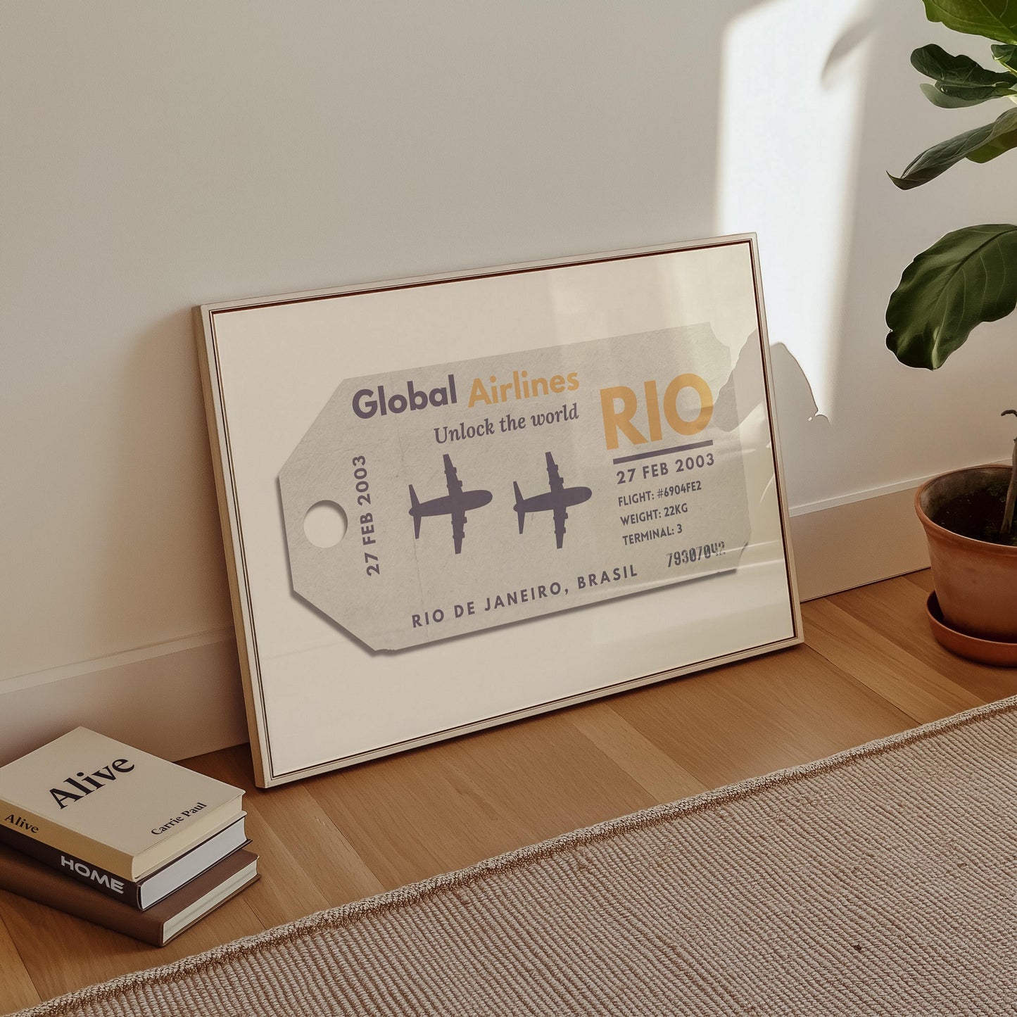 A cosy livingroom with a horizontal wall art piece. The poster shows a retro boarding pass ticket with an airport code, date and airport on it.