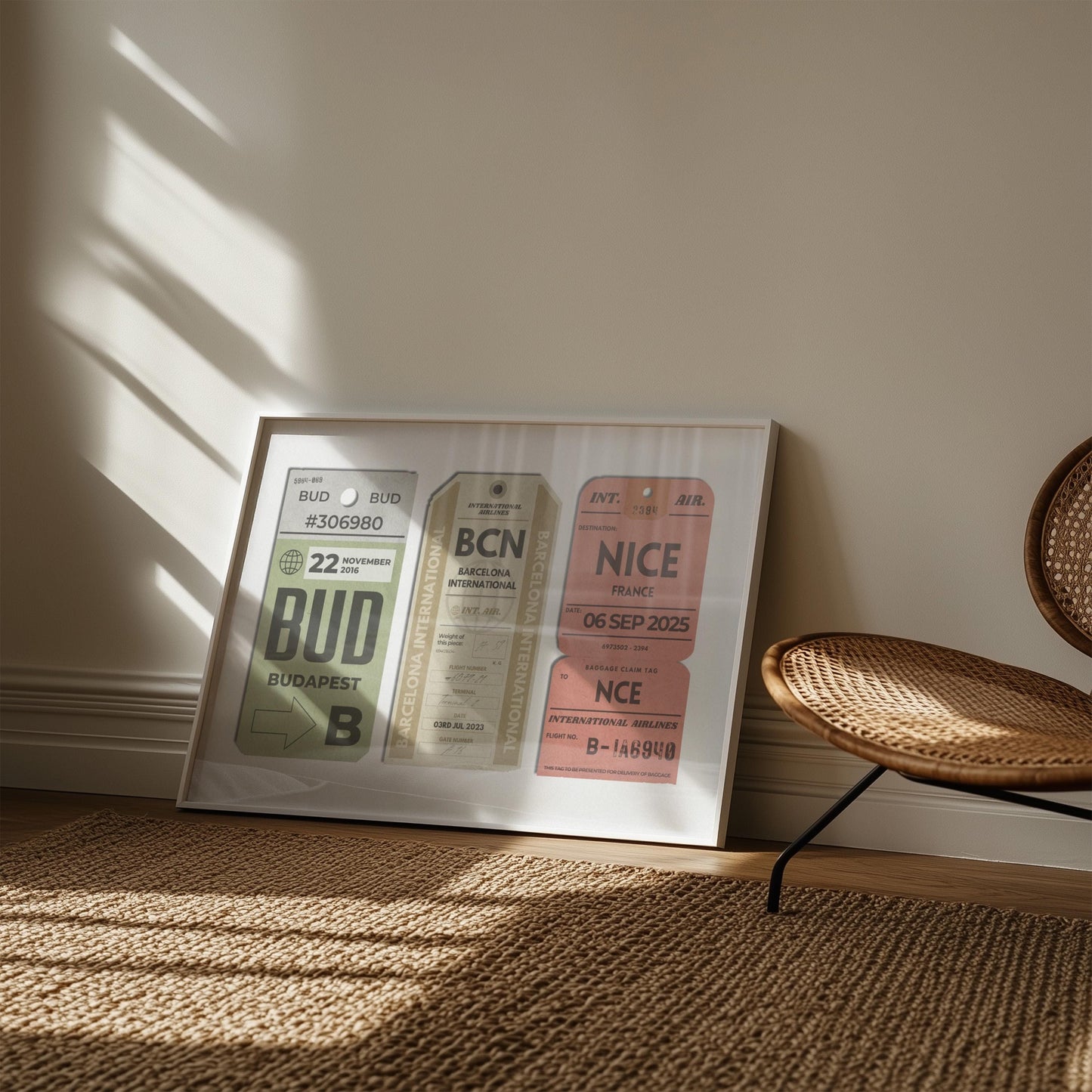 A cosy bedroom with rattan rug and chair with art leaning on the wall. The art is a personalised keepsake of a trio of luggage tags with custom details on them