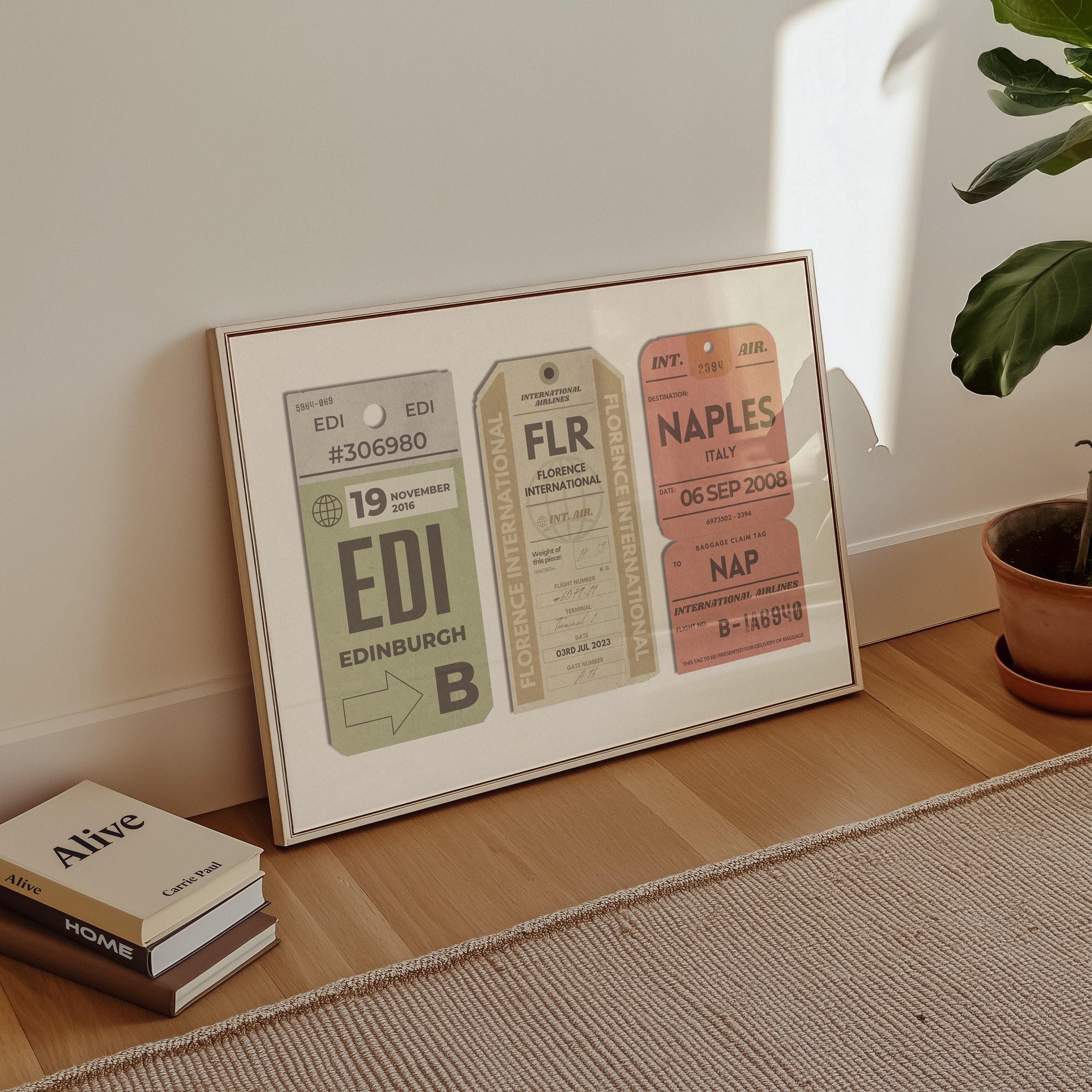 A cosy livingroom with a horizontal wall art piece. The poster shows retro boarding pass tickets with airport codes, dates and airports on them.