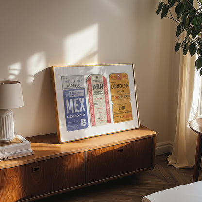 A mid century modern bedroom with a print in a wood frame on a wooden unit. The art is bespoke and perfect for a honeymoon, anniversary or housewarming gift for travel lovers.