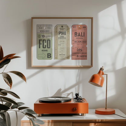 A home living room with a record player and orange lamp. On the wall is a keepsake style flight tag design with three retro colour old tags