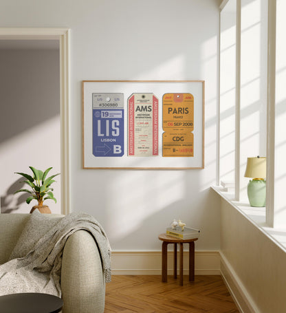 A modern family home with grey furniture and white walls. The art is an eclectic vintage style illustration of luggage tags featuring your favourite destinations, cities or special holiday places.