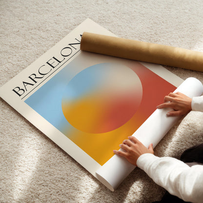 A rolled-up white poster and a brown cardboard tube are also visible. The travelling inspired print is for lovers of spiritual design and calm art.