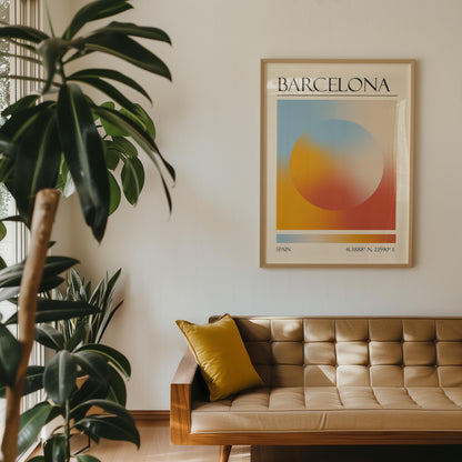 A feminine print featuring a colourful destination aura colour scheme. Below the eclectic design, coordinates are printed for Spain. The art is on the wall in a retro Livingroom with a mustard-yellow cushion resting on a tan tufted sofa.