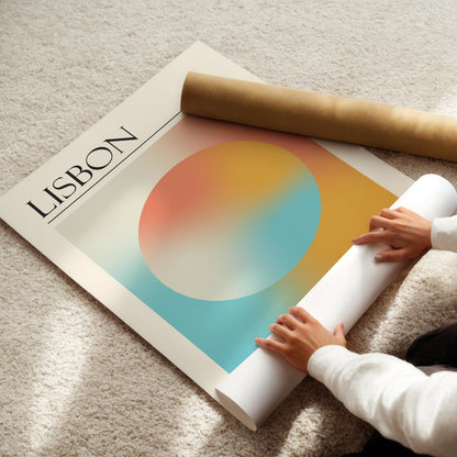 A rolled-up white poster and a brown cardboard tube are also visible. The travelling inspired print is for lovers of spiritual design and calm art.