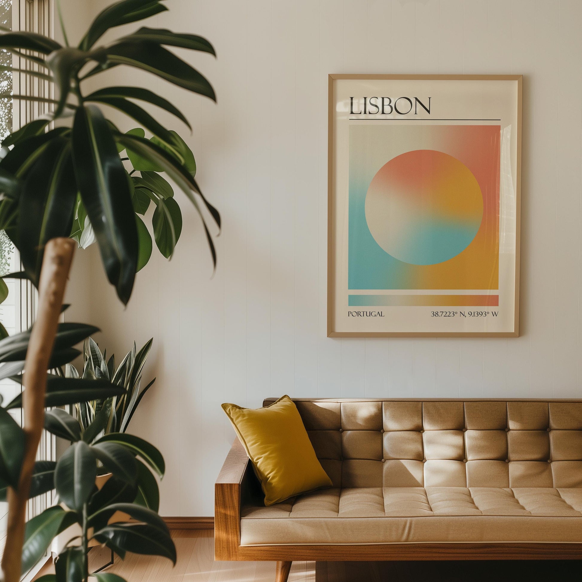 A feminine print featuring a colourful destination aura colour scheme. Below the eclectic design, coordinates are printed for Portugal. The art is on the wall in a retro Livingroom with a mustard-yellow cushion resting on a tan tufted sofa.