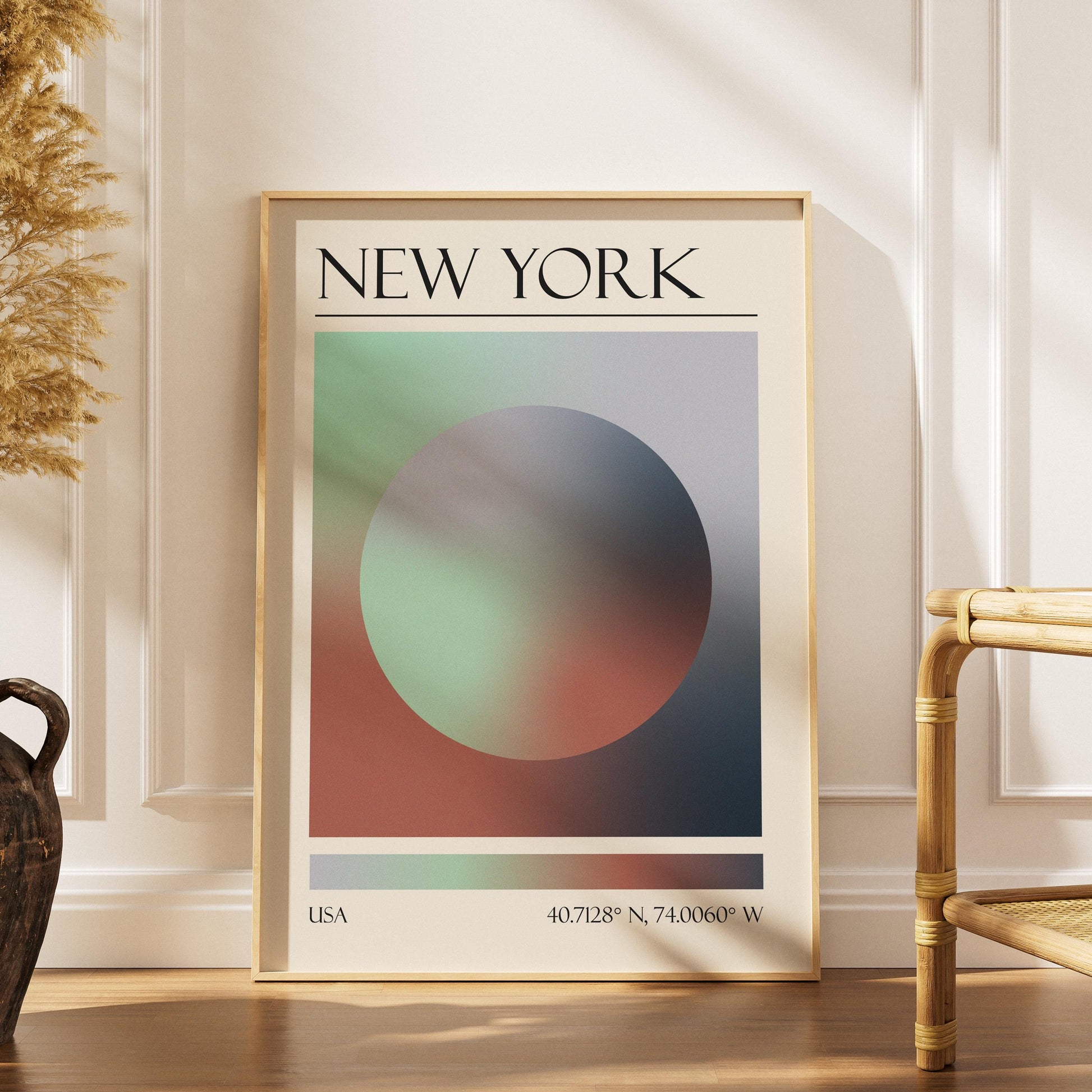 A boho scandi style home living room with a colourful poster leaning on the wall. The art is a dopamine decor style aura print with the colours of New York.