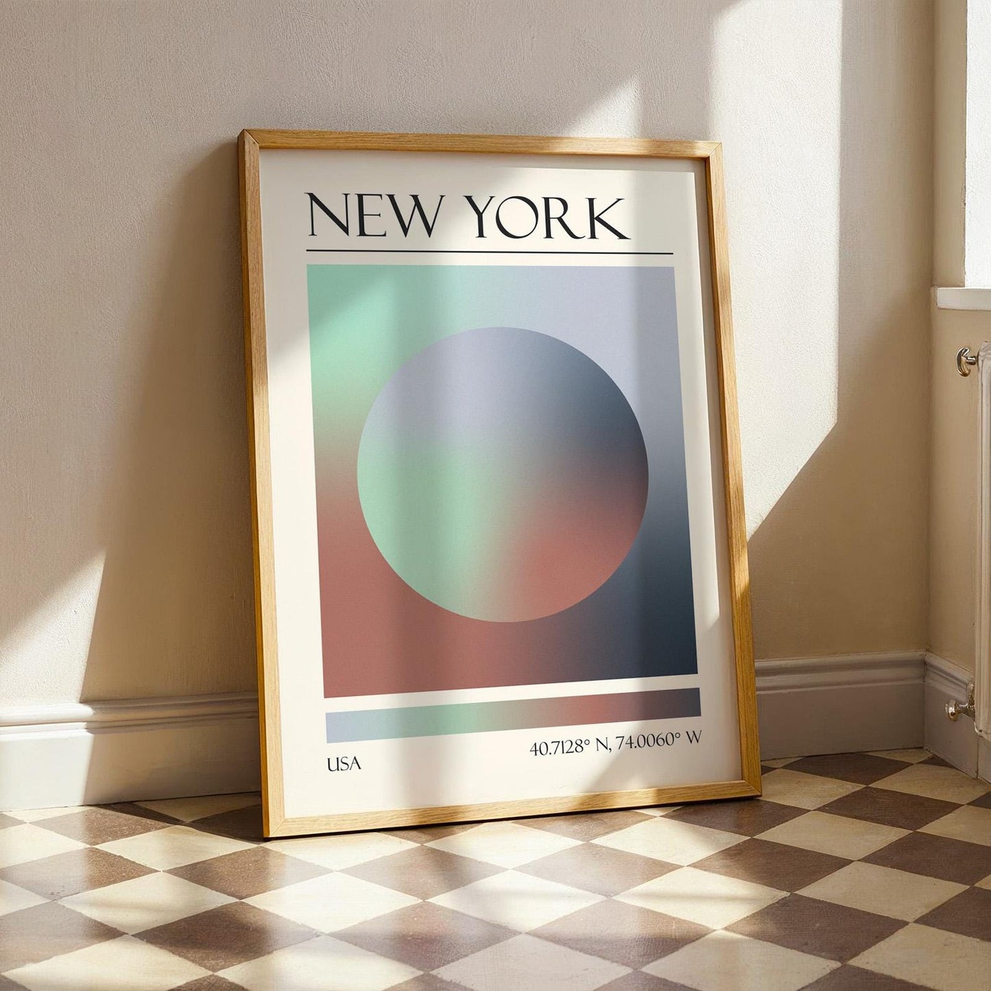 A framed print with the word "NEW YORK" at the top. The modern location artwork features orange and teal in an abstract style as colours of New York. The bottom of the print reads "USA" and includes coordinates.