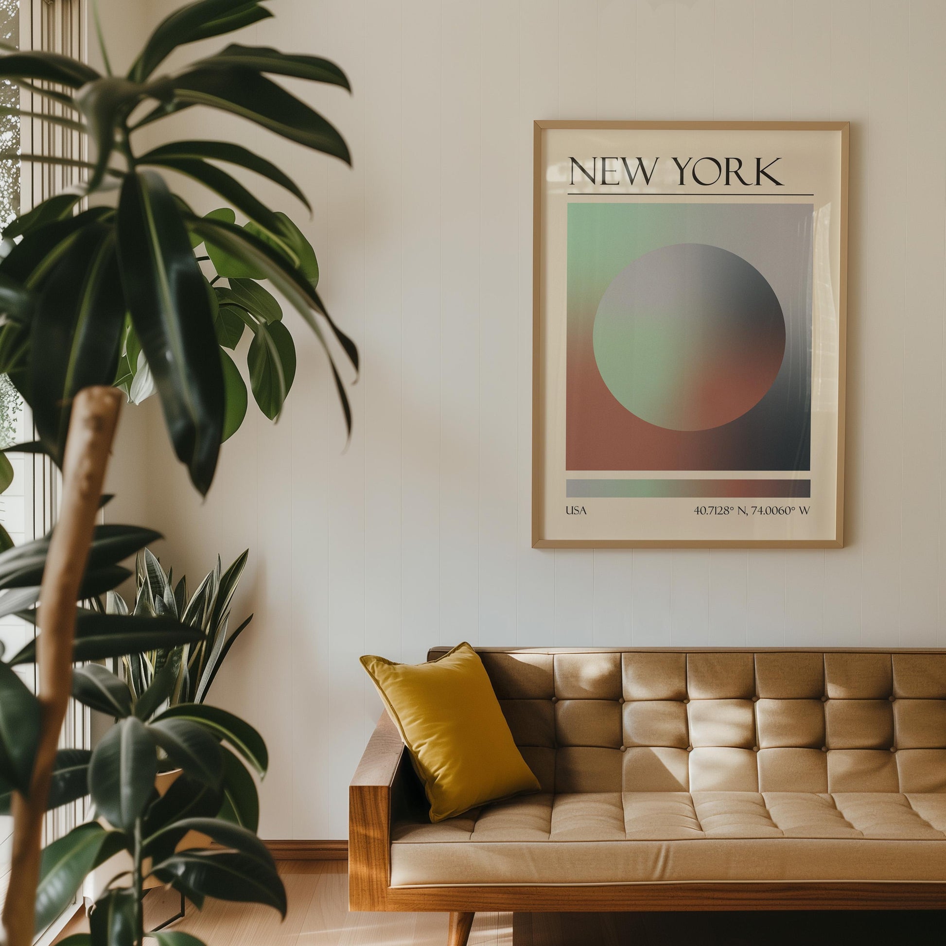 A feminine print featuring a colourful destination aura colour scheme. Below the eclectic design, coordinates are printed for The USA. The art is on the wall in a retro Livingroom with a mustard-yellow cushion resting on a tan tufted sofa.