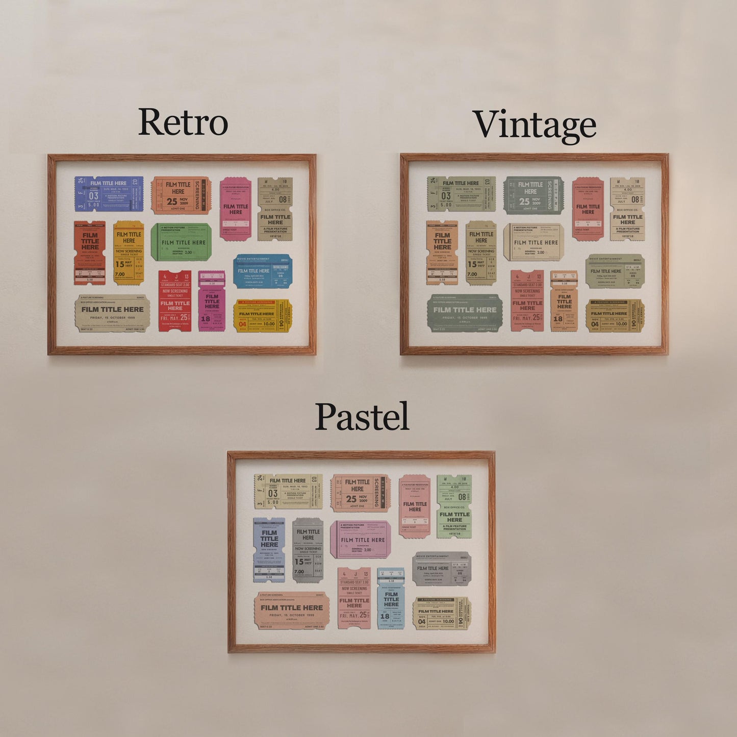 personalised movie ticket poster examples on a white wall showing palettes available in a vibrant retro or muted vintage or colourful pastel colour scheme.