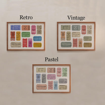 personalised movie ticket poster examples on a white wall showing palettes available in a vibrant retro or muted vintage or colourful pastel colour scheme.