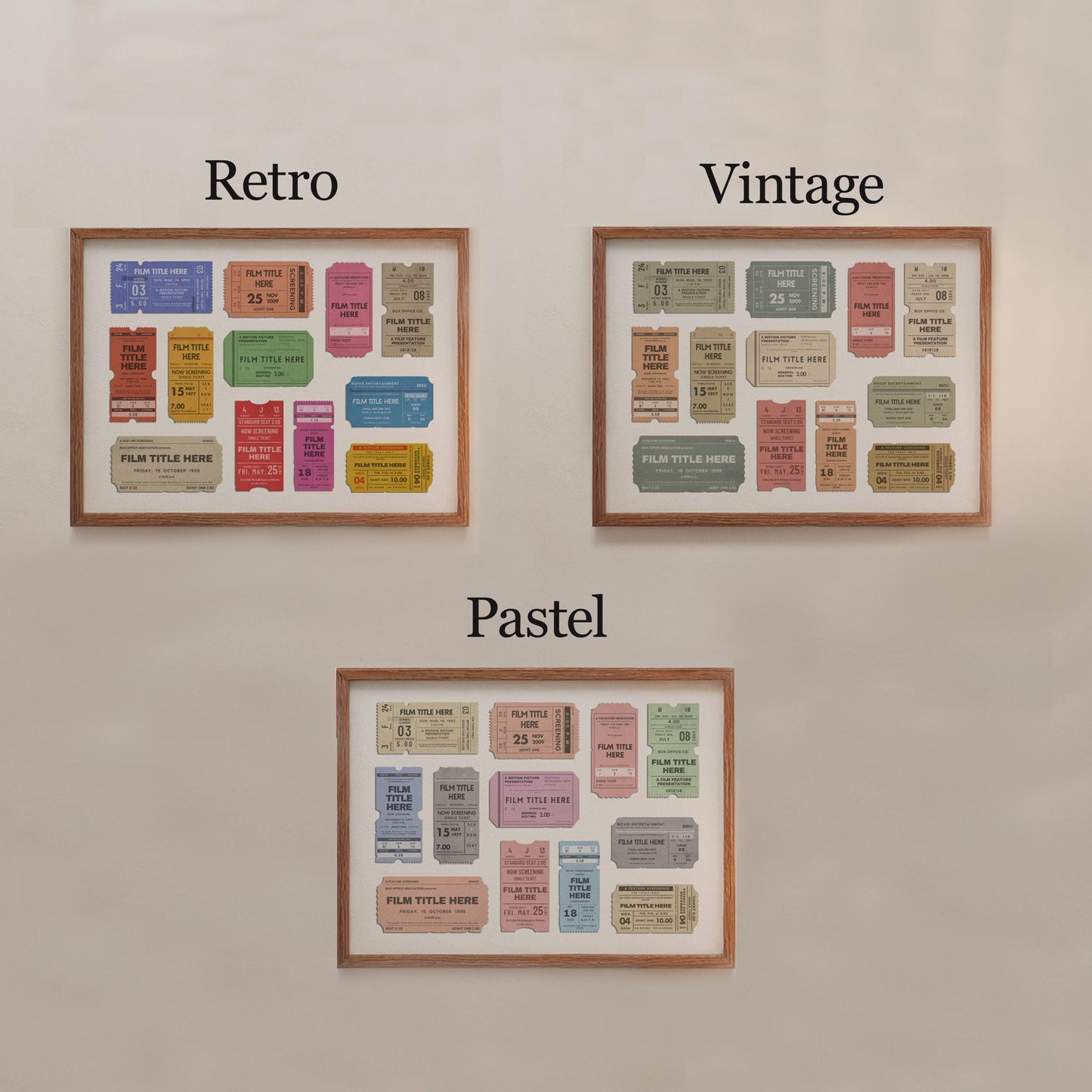 personalised movie ticket poster examples on a white wall showing palettes available in a vibrant retro or muted vintage or colourful pastel colour scheme.