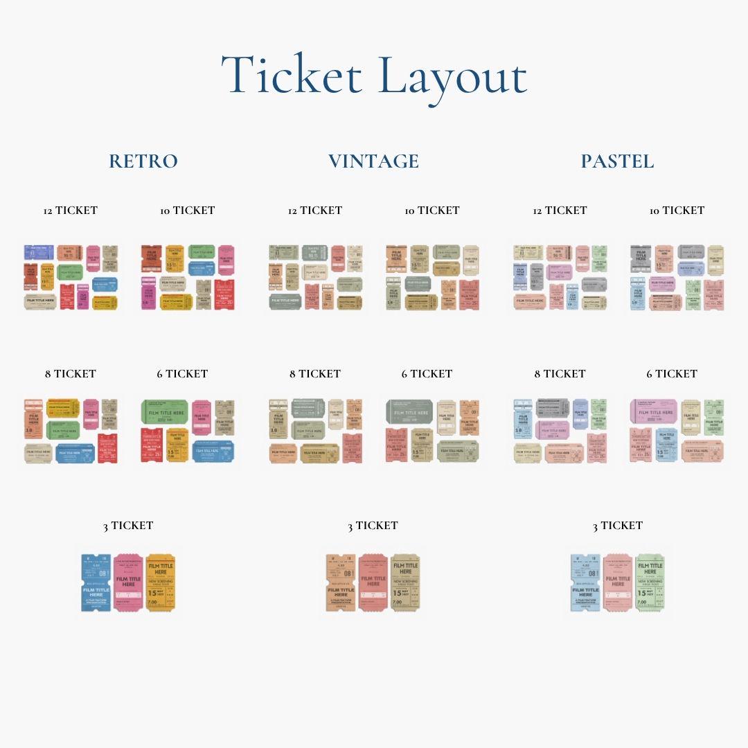 An image of various ticket amounts on the poster that are available for this personalised ticket poster. Various layouts and colours are used in each colour scheme.