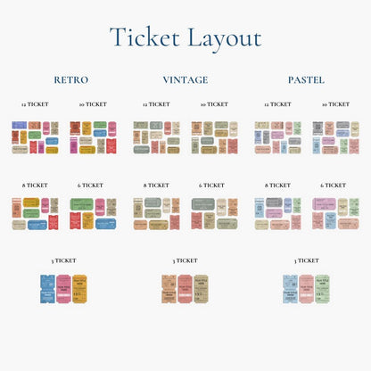 An image of various ticket amounts on the poster that are available for this personalised ticket poster. Various layouts and colours are used in each colour scheme.