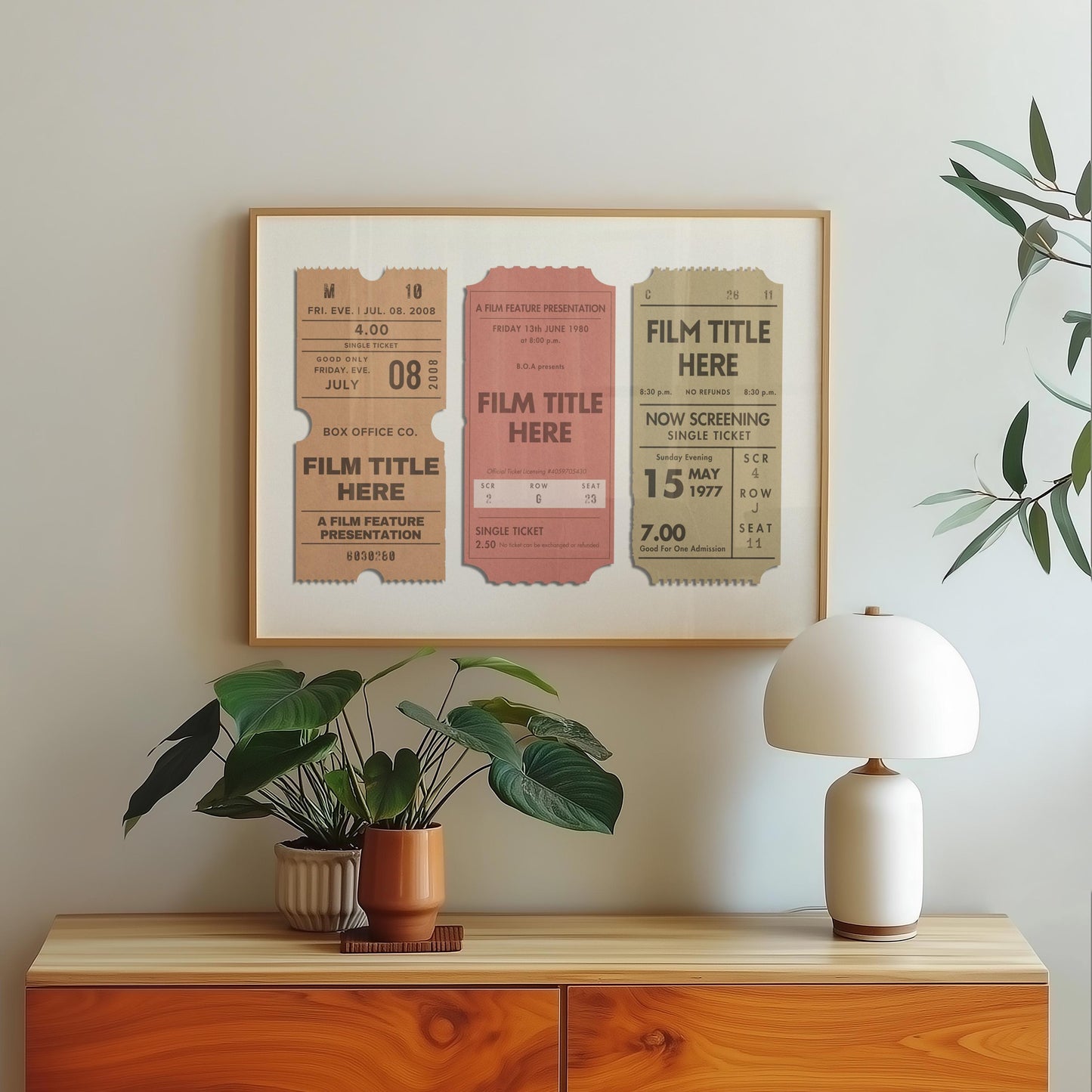 A modern hallway in an apartment with a framed print of personalised cinema tickets on the wall, an ideal gift for frequent watchers and movie keepsake collectors