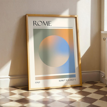 A framed print with the word "ROME" at the top. The modern location artwork features orange, green, teal and beige in an abstract style as colours of Rome. The bottom of the print reads "ITALY".