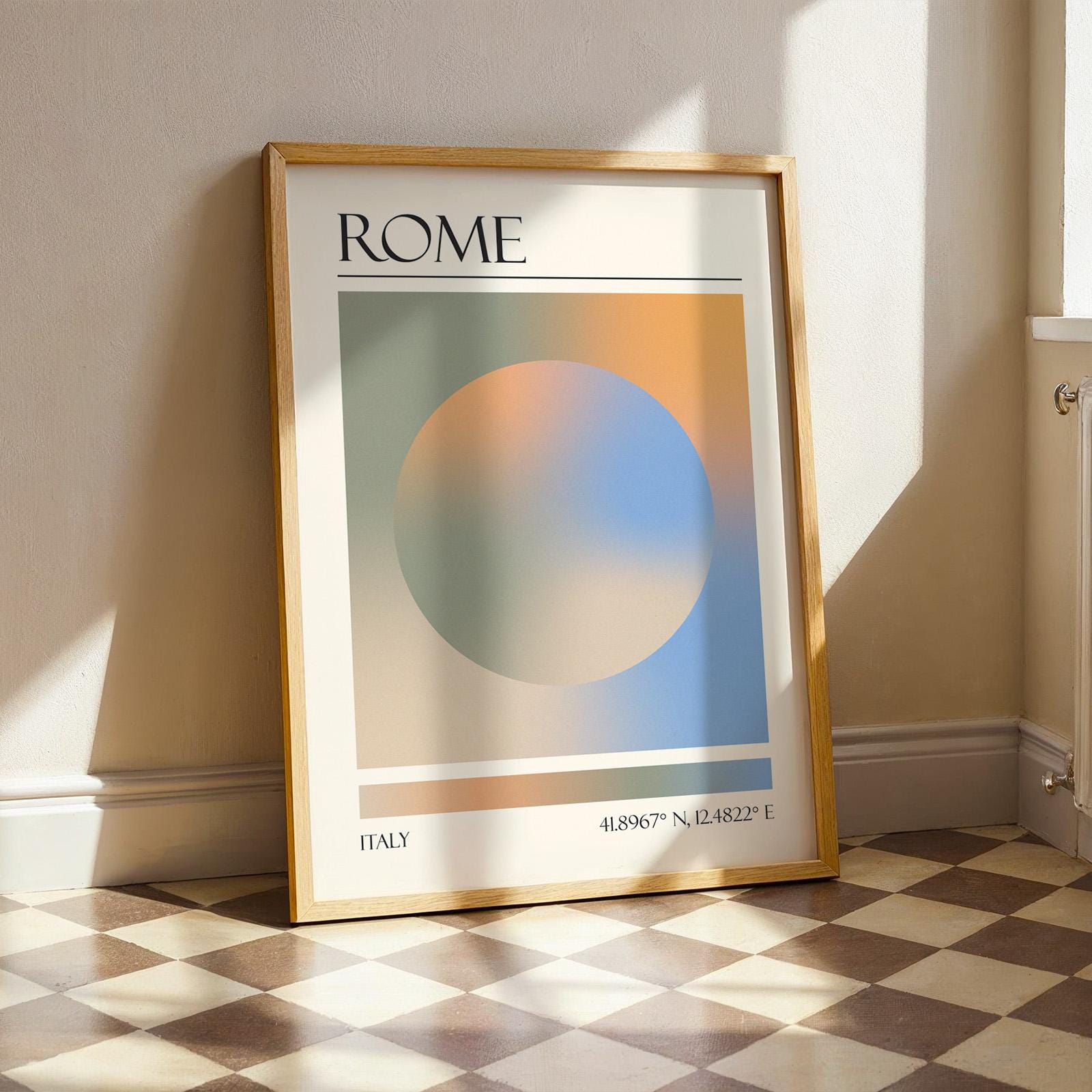 A framed print with the word "ROME" at the top. The modern location artwork features orange and teal in an abstract style as colours of Rome. The bottom of the print reads "ITALY" and includes coordinates.