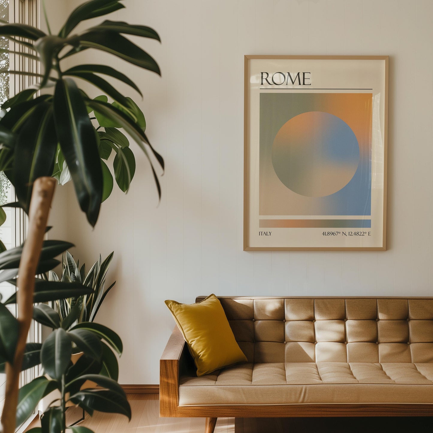 A feminine print featuring a colourful destination aura colour scheme. Below the eclectic design, coordinates are printed for Italy. The art is on the wall in a retro Livingroom with a mustard-yellow cushion resting on a tan tufted sofa.