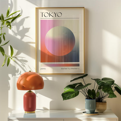 A framed travel poster featuring a geometric aura inspired design in shades of pink, orange, black hangs above a orange table lamp. Potted plants are on the right.