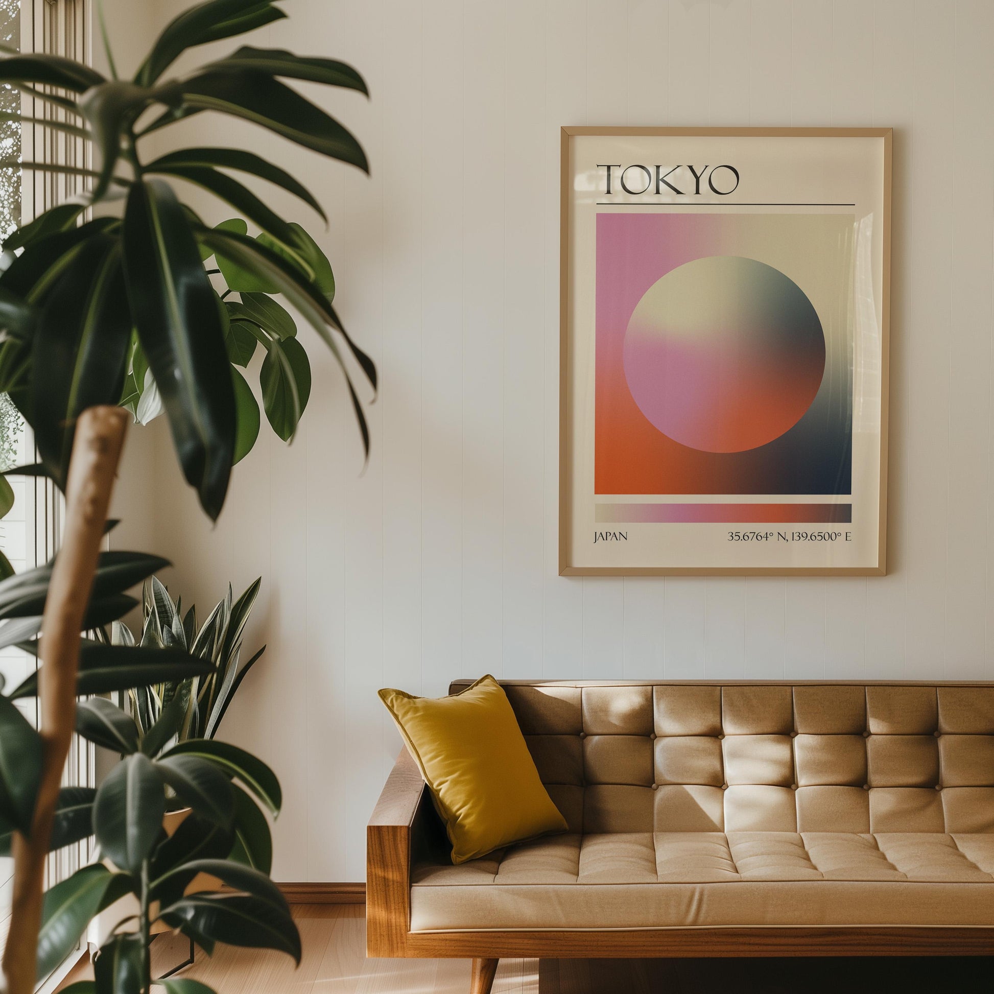 A feminine print featuring a colourful destination aura colour scheme. Below the eclectic design, coordinates are printed for Japan. The art is on the wall in a retro Livingroom with a mustard-yellow cushion resting on a tan tufted sofa.