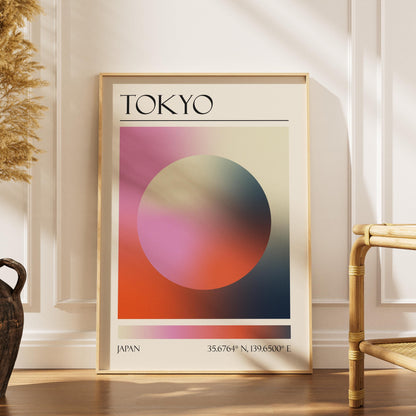 A boho scandi style home living room with a colourful poster leaning on the wall. The art is a dopamine decor style aura print with the colours of Tokyo.