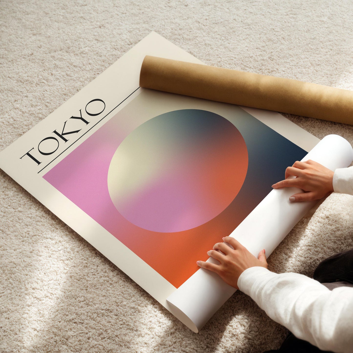 A rolled-up white poster and a brown cardboard tube are also visible. The travelling inspired print is for lovers of spiritual design and calm art.