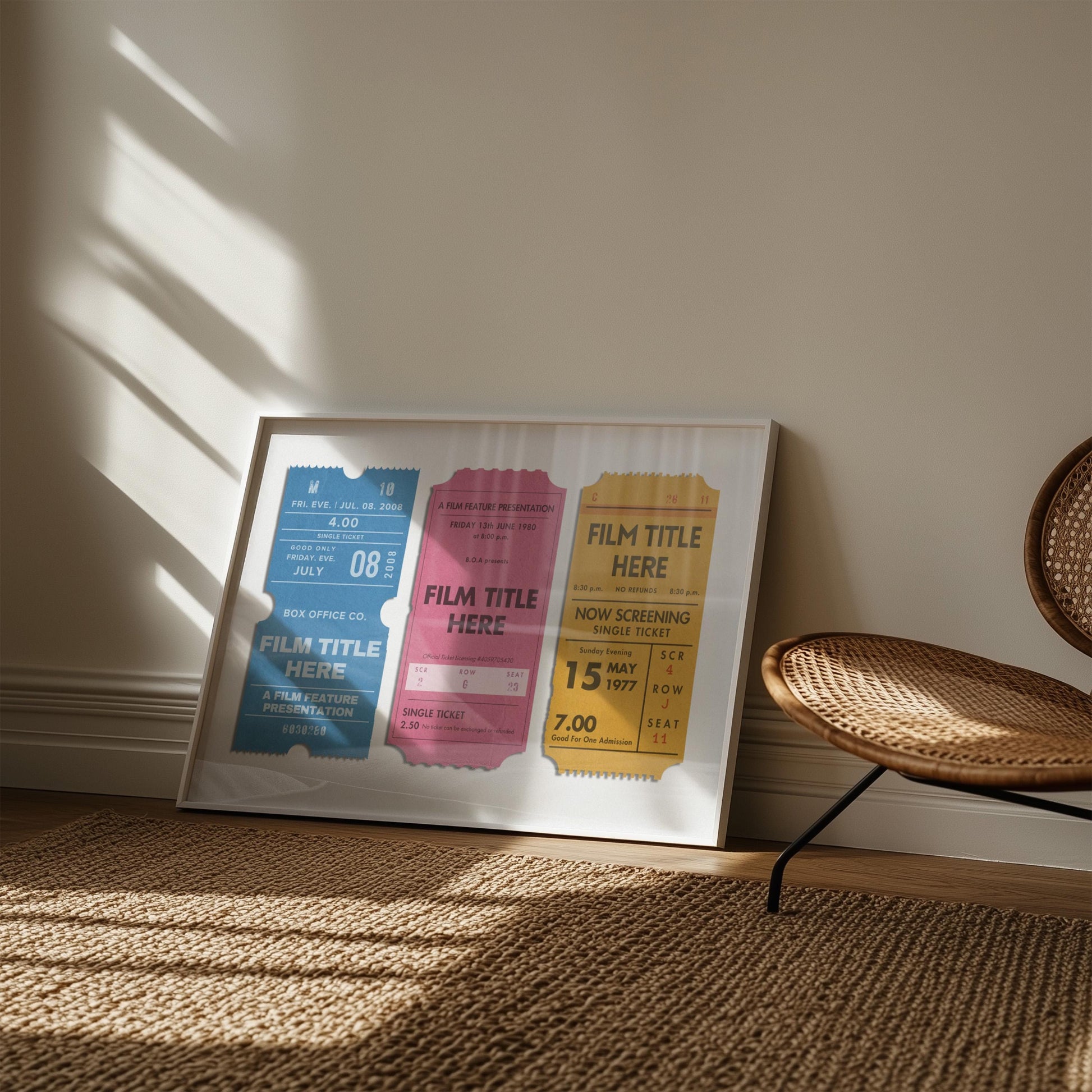 A colourful memory wall art piece leaning on the wall in a rustic bedroom with rattan furniture.