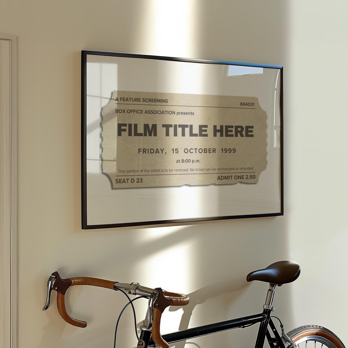 Printed travel keepsake with bespoke vintage cinema ticket, framed and ready to display for trendy memory décor.