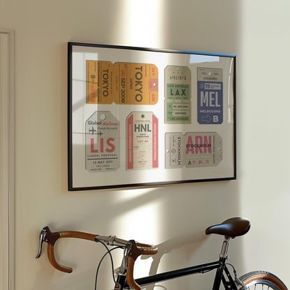 Printed travel keepsake with bespoke vintage luggage tags, framed and ready to display for trendy memory holiday décor.