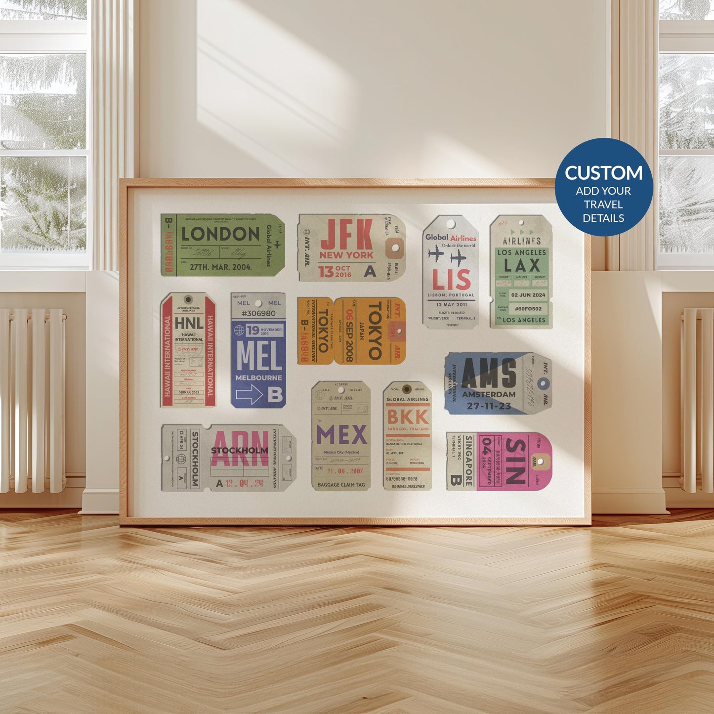Framed Custom Vintage Luggage Tag Poster, perfect physical gift for travellers and nostalgic holiday memories