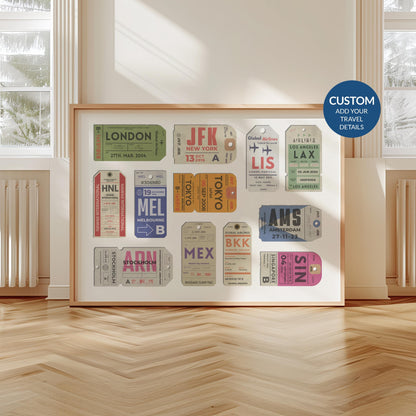 Framed Custom Vintage Luggage Tag Poster, perfect physical gift for travellers and nostalgic holiday memories