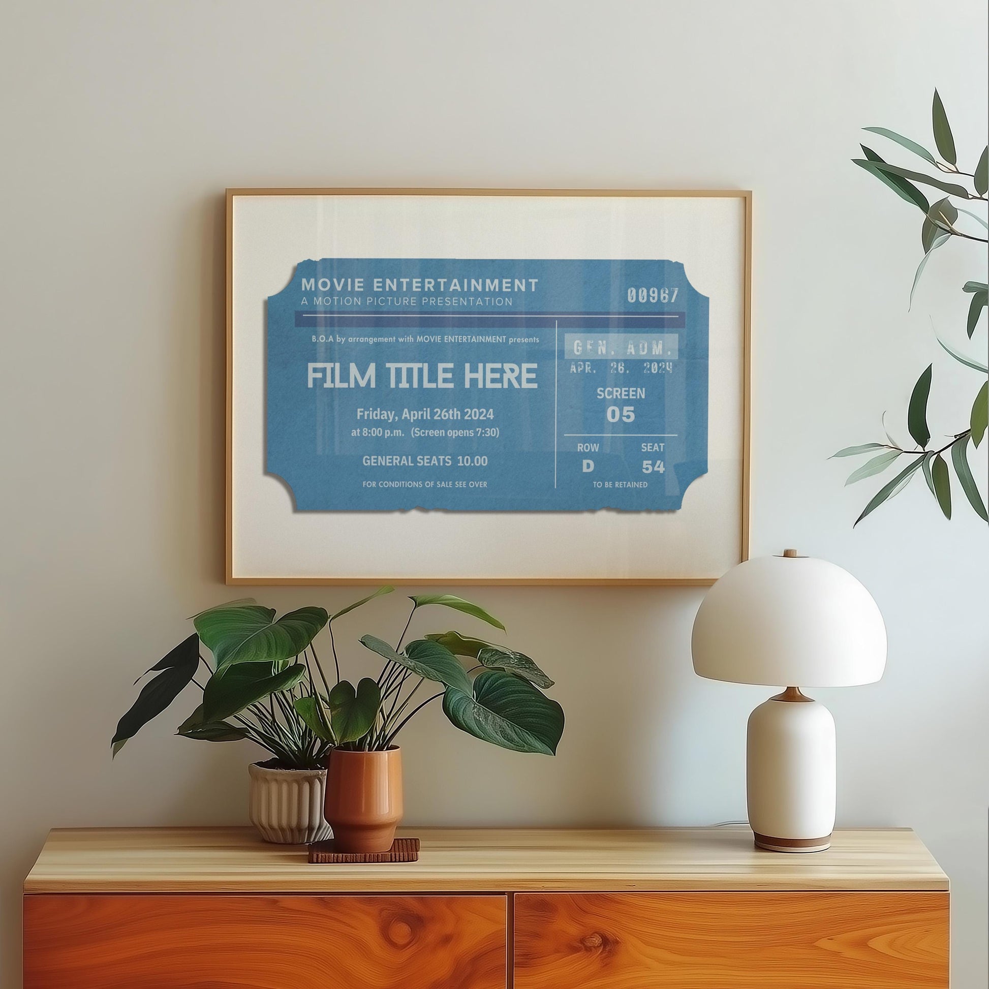 A modern hallway in an apartment with a framed print of a personalised cinema ticket on the wall, an ideal gift for frequent watchers and movie keepsake collectors