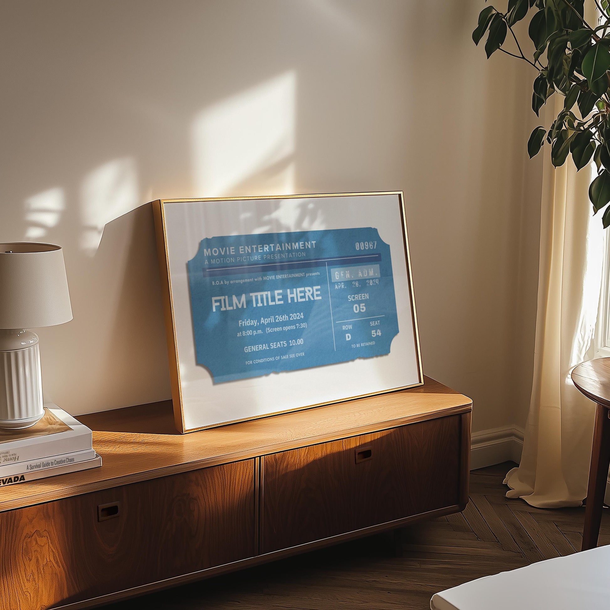 print in a cosy bedroom showing a single vintage cinema tag with custom details and directors on them.
