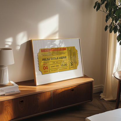 print in a cosy bedroom showing a single vintage cinema tag with custom details and directors on them.