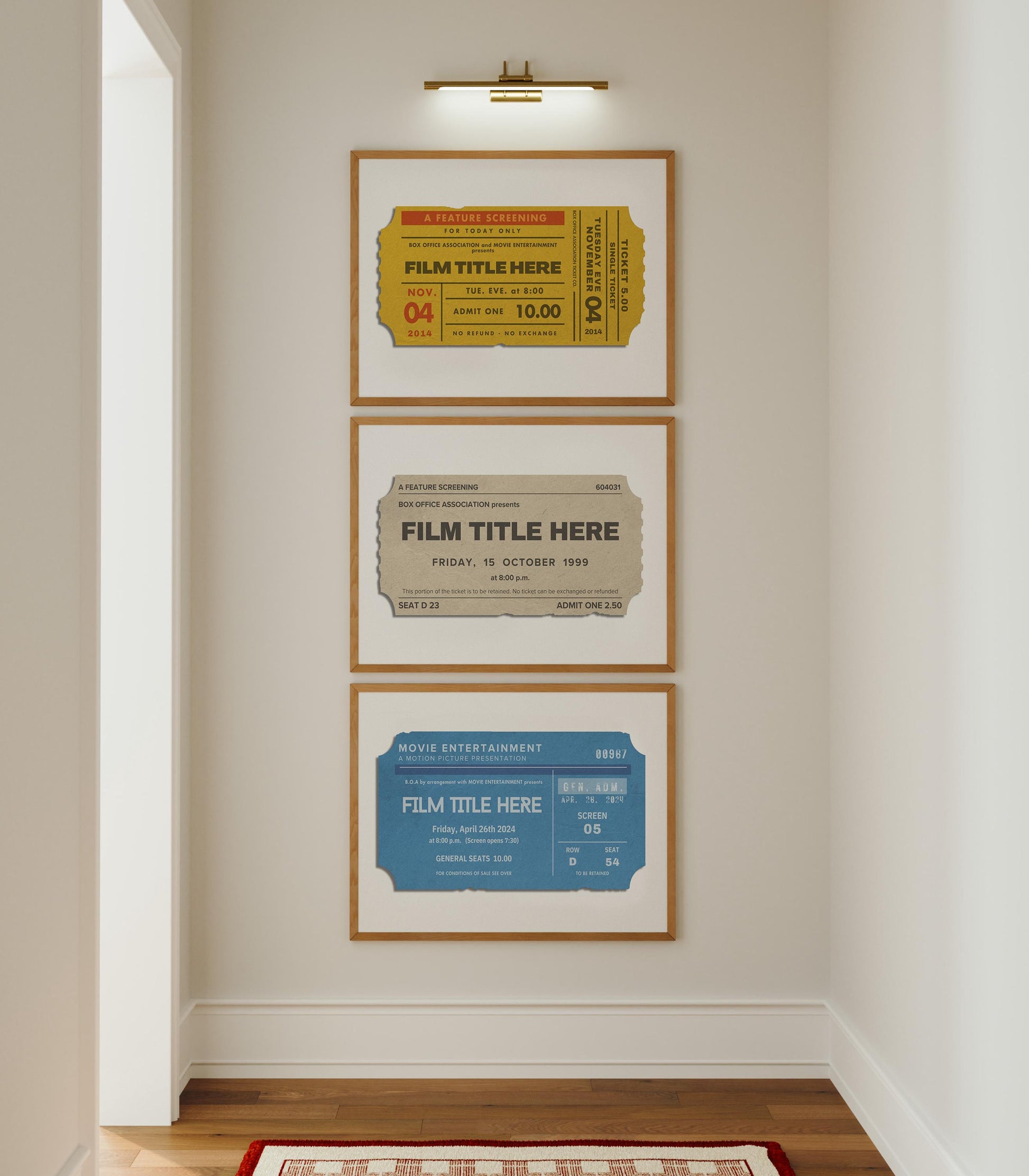 Custom Movie Ticket Stub Poster Bundle, Set Of 3 Vintage Personalised Film Prints, Landscape Gift Cinema Retro Decor, Birthday Anniversary