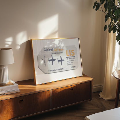 A mid century modern bedroom with a print in a wood frame on a wooden unit. The art is bespoke and perfect for a honeymoon, anniversary or housewarming gift for travel lovers.