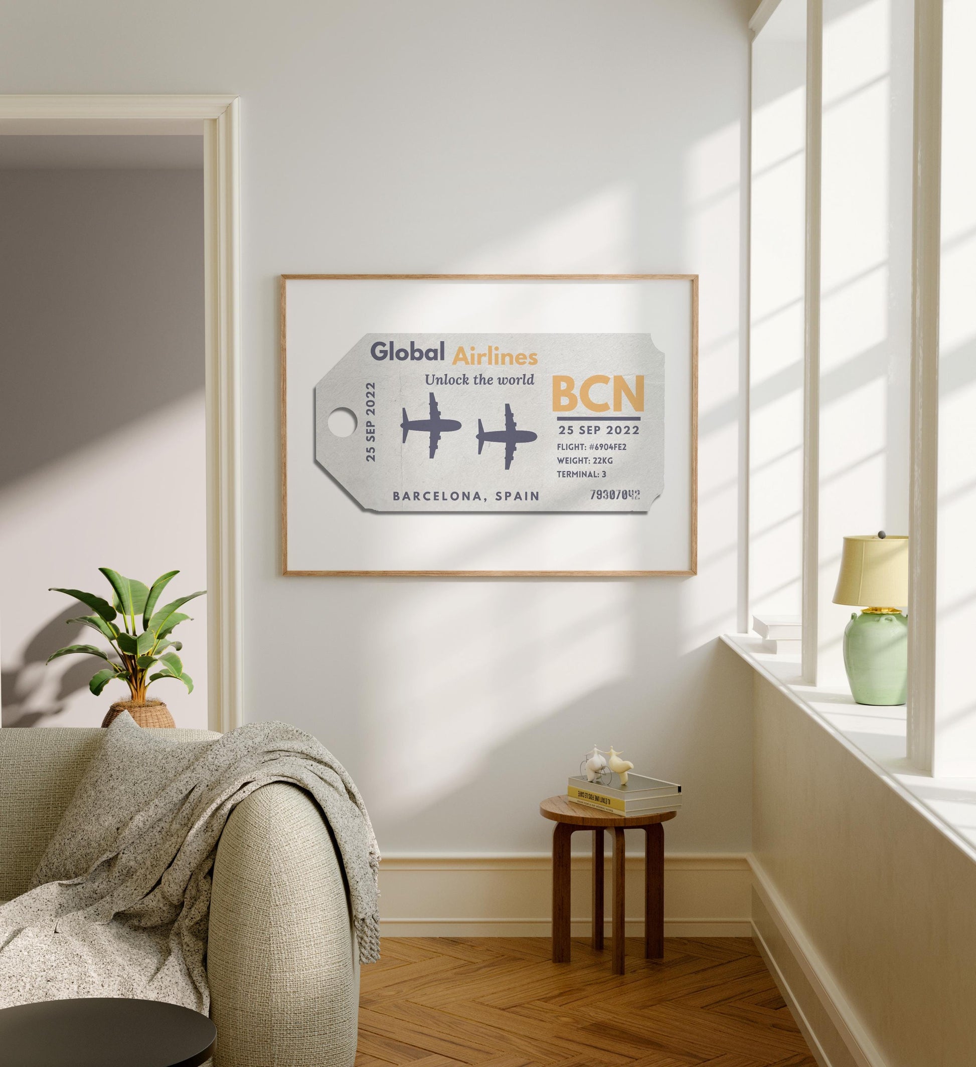 A modern family home with grey furniture and white walls. The art is an eclectic vintage style illustration of a luggage tag featuring your favourite destination, city or special holiday place.