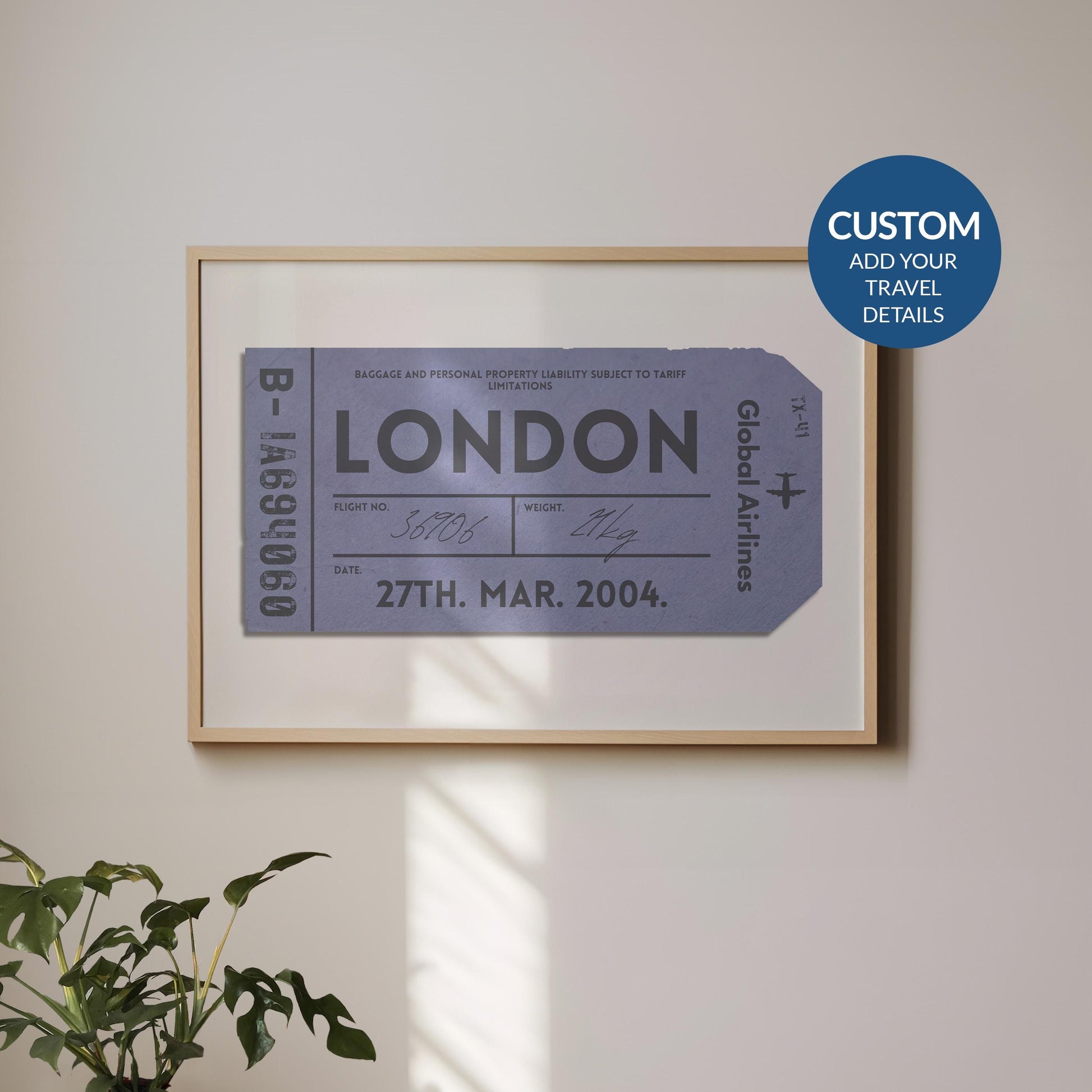 A minimalist home with a large landscape gallery wall piece hung up. The art has vintage details inspired by a retro luggage tag