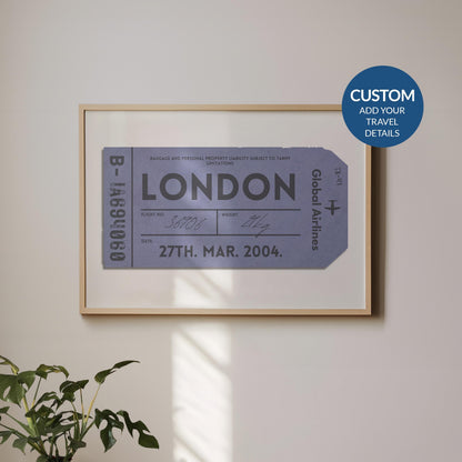 A minimalist home with a large landscape gallery wall piece hung up. The art has vintage details inspired by a retro luggage tag