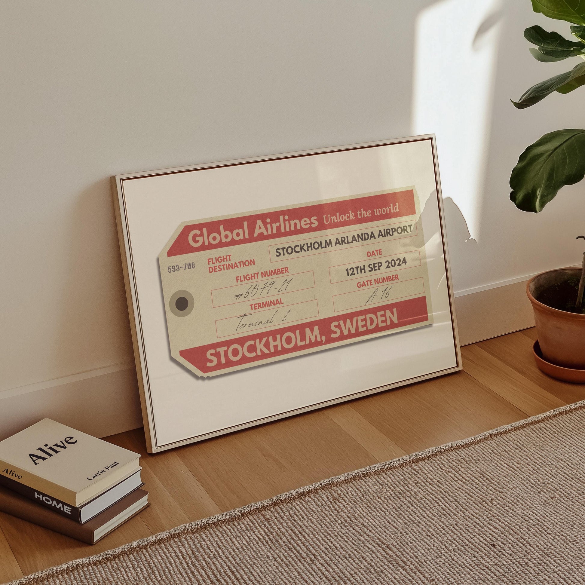 A cosy livingroom with a horizontal wall art piece. The poster shows a retro boarding pass ticket with an airport code, date and airport on it.