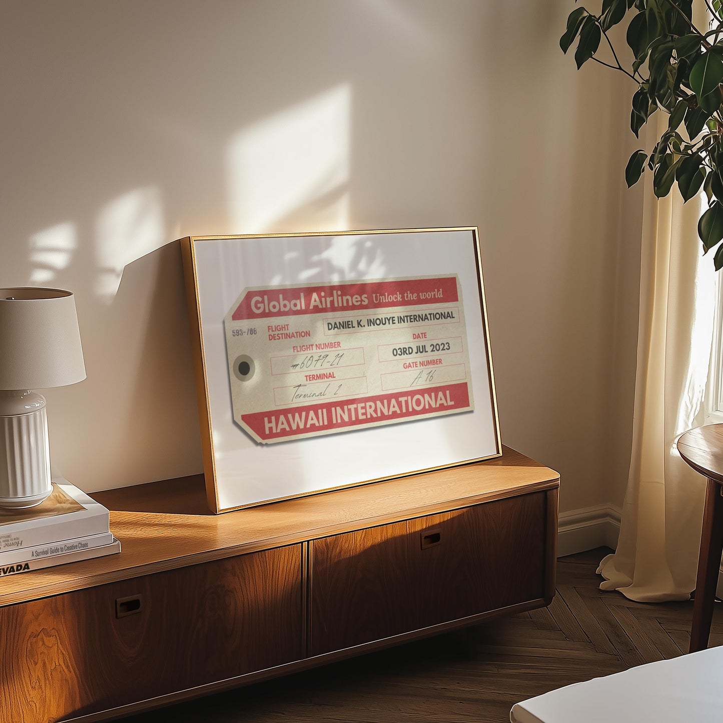 A mid century modern bedroom with a print in a wood frame on a wooden unit. The art is bespoke and perfect for a honeymoon, anniversary or housewarming gift for travel lovers.